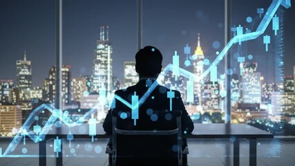 Poster - Silhouetted Figure Sits Facing a Nighttime Cityscape with a Blue Upward Trending Arrow Graph