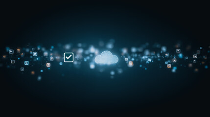 Poster - Cloud Computing: A futuristic scene of a digital cloud at the core, surrounded by icons, symbolizes the essence of cloud computing. the image represents a concept of seamless data management.
