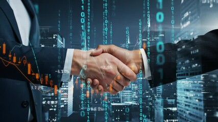 Poster - Two Business People Shaking Hands with Digital Binary Code Overlay and Cityscape Background in Dark Blue Suits