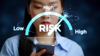 Poster - Young Asian Woman Checks Digital Risk Gauge on Her Phone with Light Blue Background Showing Low and High