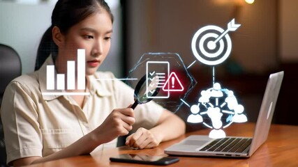 Poster - Young Woman Analyzes Document Icon with Magnifying Glass on Laptop with Bar Graph and Network Graphics on Wooden Table