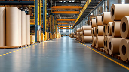 Poster - Warehouse Interior with Large Paper Rolls and Industrial Machinery in a Modern Manufacturing Facility