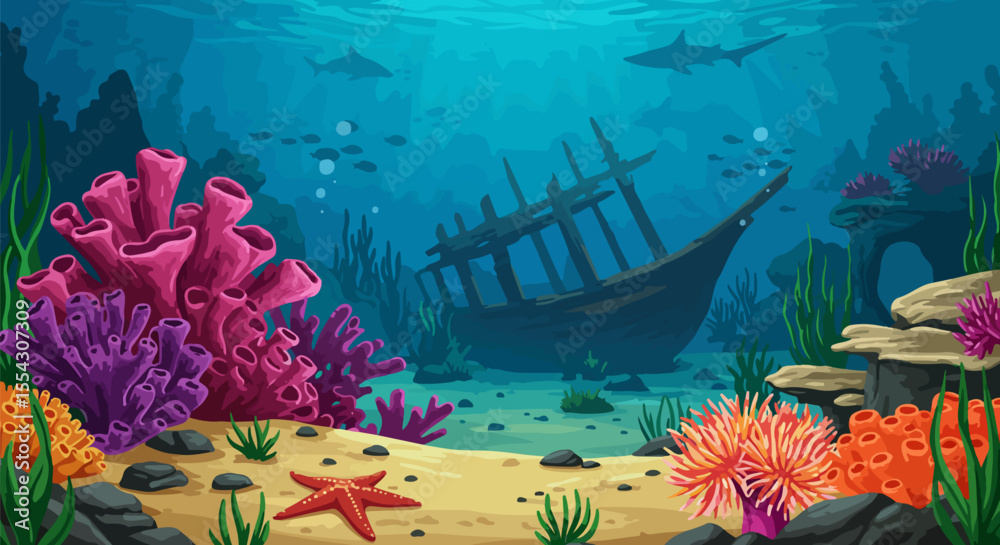 Flat Design Underwater Scene with Vibrant Coral Reef, Colorful Marine ...