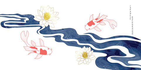 Wall Mural - Luxury oriental river background vector. Chinese and Japanese wallpaper pattern design of watercolor sea wave, koi fish, lotus flower. Design illustration for decoration, wall decor, banner, interior.