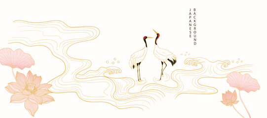 Wall Mural - Luxury oriental river background vector. Chinese and Japanese wallpaper pattern design of gold sea wave, lotus flower, crane bird. Design illustration for decoration, wall decor, banner, interior.