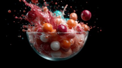 Poster - A dynamic explosion of colorful liquid and fruit balls captures the essence of joy and celebration, creating a playful and energetic visual impact.