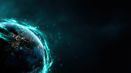 Poster - An abstract representation of Earth surrounded by a glowing aura, illustrating the interconnectedness and technological advancements of our modern world and universe.