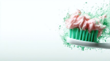 Poster - The dynamic image shows a close-up of a toothbrush with vibrant foamy toothpaste, illustrating the joy and excitement of dental care and hygiene in an artistic manner.