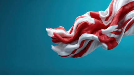 Poster - The image showcases flowing red and white fabric gracefully waving against a bright turquoise backdrop, creating a vibrant and dynamic visual experience.