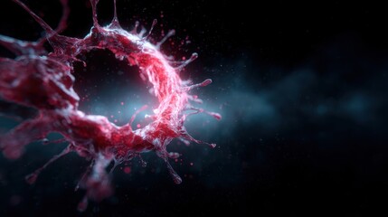Poster - An abstract artistic rendering shows a swirling red particle with splashes, symbolizing motion and energy, set against a dark background that enhances its vibrancy.