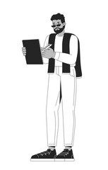 Poster - Bearded casual black man holding digital tablet and stylus 2D line character. Professional male with sweater draped over shoulders isolated vector ink outline person. Monochromatic spot illustration