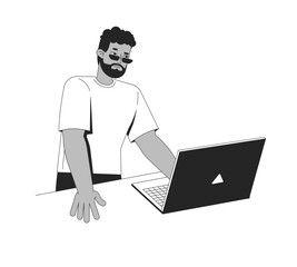 Poster - African american man standing and working on laptop 2D line character. Bearded freelancer black guy in sunglasses leaning over desk isolated vector ink outline person. Monochromatic spot illustration