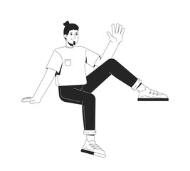 Poster - Cheerful young adult man sitting casually and waving 2D line character. Caucasian guy in relaxed posture, friendly gesture isolated vector ink outline person. Monochromatic spot illustration