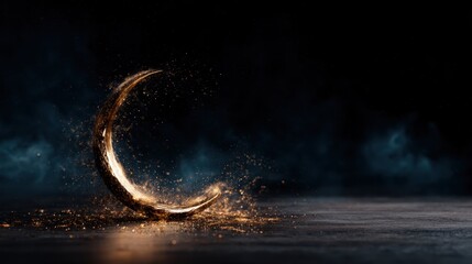 Poster - A beautifully lit crescent moon glows amidst a dark background, shimmering with golden particles, evoking feelings of magic and mystery in an abstract representation.
