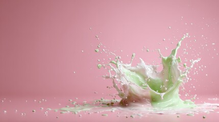 Poster - An artistic splash of pink and green milk creates a dynamic visual on a soft pink background, encapsulating a moment of chaos and beauty in a minimalist setting.