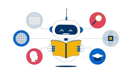 Fototapete - AI training 2D animation. Machine learning, artificial intelligence tech. Algorithm improvement. Robot reading dataset animated character cartoon flat concept metaphor 4K video isolated on white