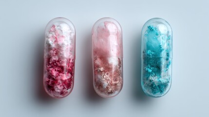 Poster - An artistic arrangement of three colorful capsules filled with fluffy substances, symbolizing creativity and modern health concepts, capturing attention through abstraction.