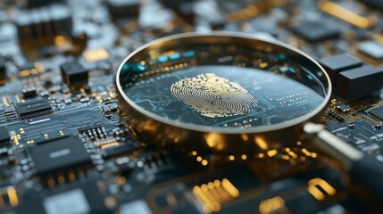 Poster - Close-up of a magnifying glass over a fingerprint on a circuit board, symbolizing digital security and biometric authentication.