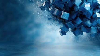 Poster - This image captures a dynamic arrangement of blue cubes exploding with energy against a misty backdrop, representing creativity and abstract thought.