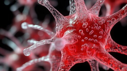 Poster - Microscopic view of red cells with numerous branches and small bubbles.
