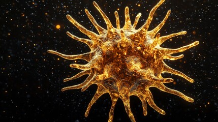 Poster - Microscopic view of a golden virus particle on a dark background with glowing particles.