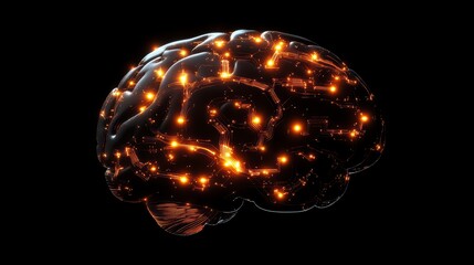 Poster - Glowing human brain, neurons firing, dark background.