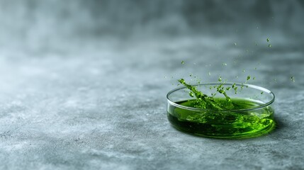Poster - A dynamic splash of green liquid erupts in a glass petri dish, capturing the essence of motion and color against a textured gray background, highlighting artistic exploration.