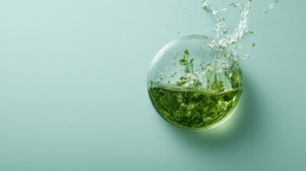 Poster - An artistic representation of green liquid splashing in a petri dish, showcasing the beauty of science and nature in harmony through vibrant colors and dynamic movement.