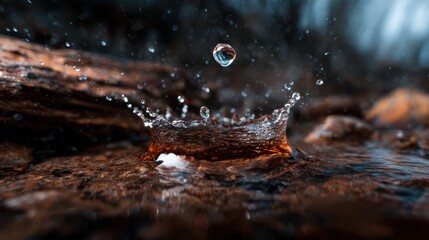 Poster - A stunning capture of a water droplet creating a splash on a dark surface, embodying the beauty of movement and fluid dynamics in a captivating artistic expression.