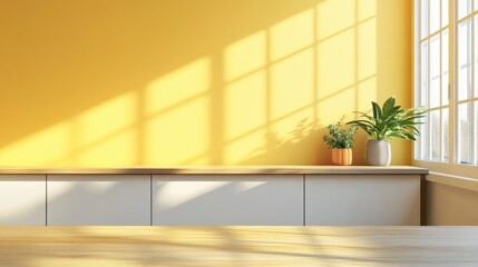 Poster - Sunlight streams into a room with yellow walls, illuminating a wooden table and potted plants on a white cabinet.