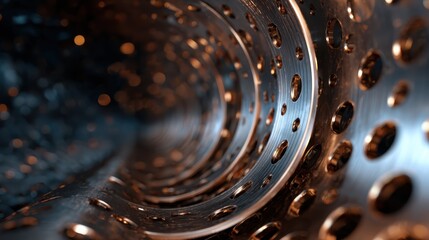 Poster - An abstract image of intricately designed metal pipes creating a dynamic, spiraling tunnel effect, capturing the beauty of industrial design and the play of light and shadows.