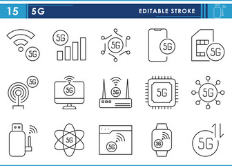 Poster - A set of line icons related to 5G network. Computer, network, internet, fast, data, transfer, download, upload, broadcast, and so on. Vector editable stroke.