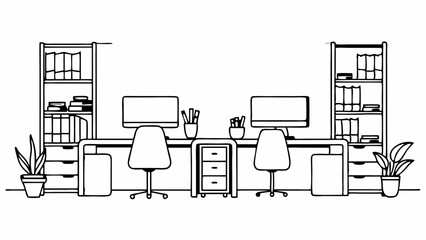 Poster - Illustration of a workspace with two desks chairs computers and shelving units in a black and white style created with generated ai