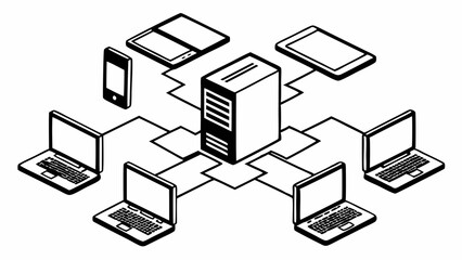 Fototapete - Isometric illustration of a server connected to laptops tablets and a smartphone in black and white created with generated ai