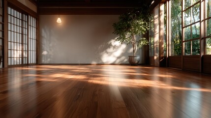 Poster - An elegant and minimalist interior featuring natural light streaming in, illuminating the wooden floor and enhancing the serene atmosphere created by the indoor plant.