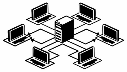 Fototapete - Network diagram showing a server connected to multiple laptops with arrow connections created with generated ai