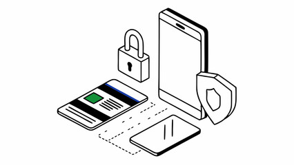 Poster - Isometric illustration of mobile security with padlock, shield, and credit card with phone created with generated ai