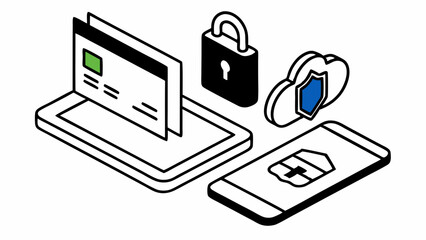 Poster - Isometric view of digital devices with security features and cloud protection shown clearly in the image created with generated ai