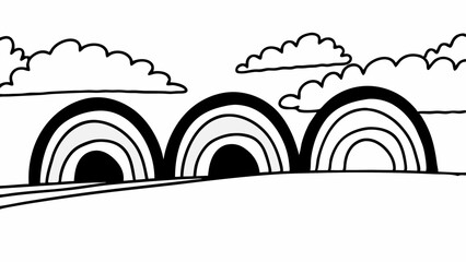 Poster - Illustration of three stylized rainbows under clouds in a black and white color scheme design created with generated ai
