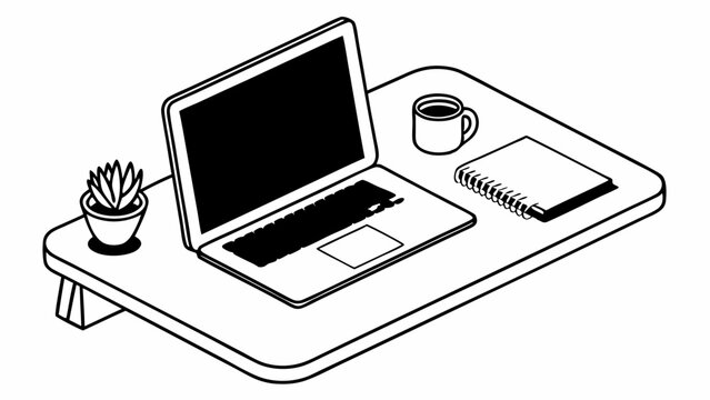Isometric view of a laptop, coffee cup, notebook, and plant on a portable desk in black and white created with generated ai