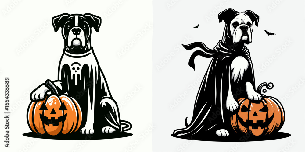 Boxer Dog wear ghost costume and sitting on jack o pumpkin. Halloween ...