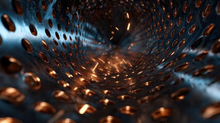 Poster - This dynamic image captures the intricate details within a metallic tube, featuring glowing sparks that create an awe-inspiring sense of energy and industrial elegance.