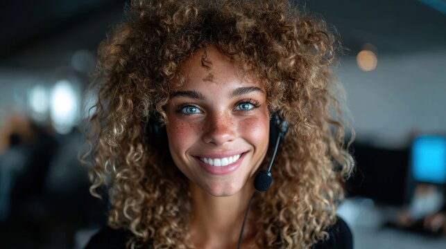 A joyful young woman wearing a headset smiles brightly while working in a contemporary office, illustrating a friendly and engaging work environment.