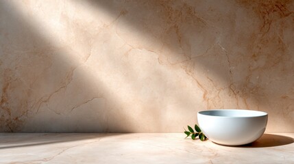Poster - A minimalist photograph featuring a simple white bowl placed elegantly on a beautiful marble surface, enhanced by warm sunlight streaming through, creating an artistic effect.
