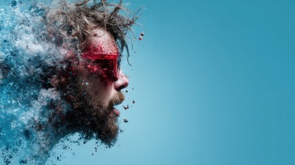 Poster - This striking image depicts a man's profile bursting with vibrant colors and textures, symbolizing creativity and the chaotic nature of human emotions in an abstract style.