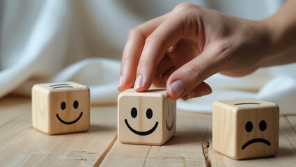 Poster - A person's hand changes a wooden cube with a smiley face, choosing an emotion.