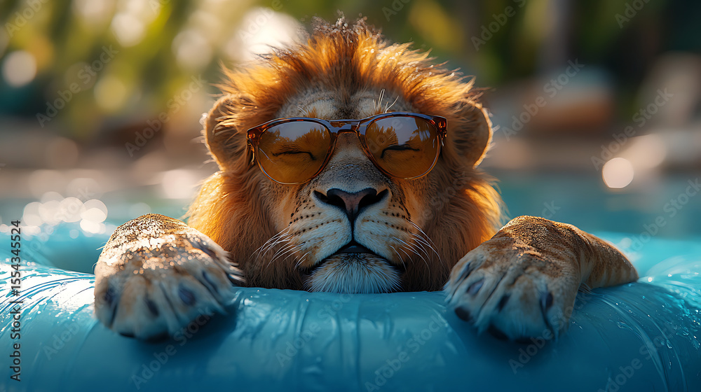 A lion wearing sunglasses relaxes on a blue float in a tranquil pool surrounded by greenery