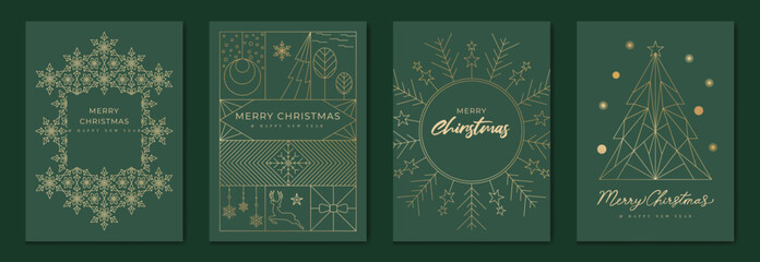 Aufkleber - Luxury christmas invitation card art deco design vector. Christmas tree, bauble ball, snowflake, reindeer line art on green background. Design illustration for cover, poster, wallpaper.