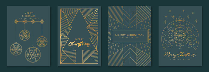 Aufkleber - Luxury christmas invitation card art deco design vector. Christmas tree, bauble ball, snowflake line art on navy blue background. Design illustration for cover, poster, wallpaper.