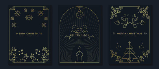 Aufkleber - Luxury christmas invitation card art deco design vector. Christmas tree, bauble, snowflake, candle, ribbon, holly line art on navy blue background. Design illustration for cover, poster, wallpaper.